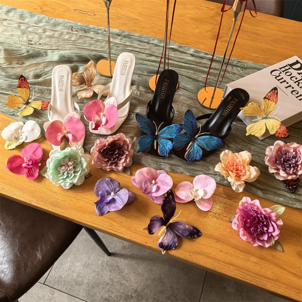 Shoe Charms Butterfly Orchid Flower Elegant Sandal Beach Vacation Flip Flop Ornament PVC Violet Pink White Lightweight Small