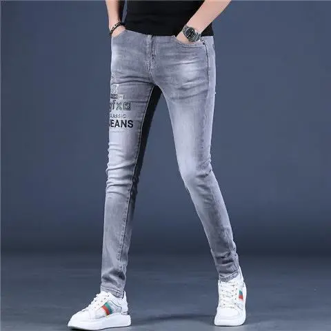 Stylish Trendy Luxury Rhinestone Designs Men\'s Classic Jeans Relaxed Fit Denim Streetwear Cowboy Boyfriend Grey Trousers for Men