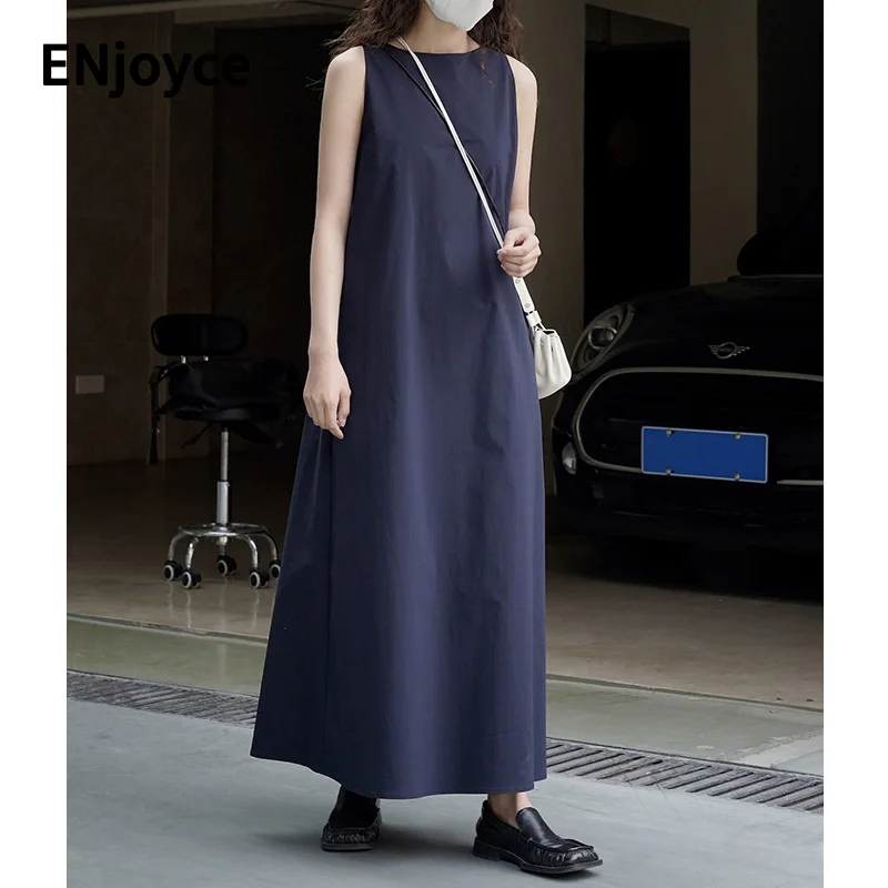 

2023 Summer Women Simple Commuter Sleeveless Dresses Korean Elegant Ladies Workwear Mid-length Long Vest Skirt Dress