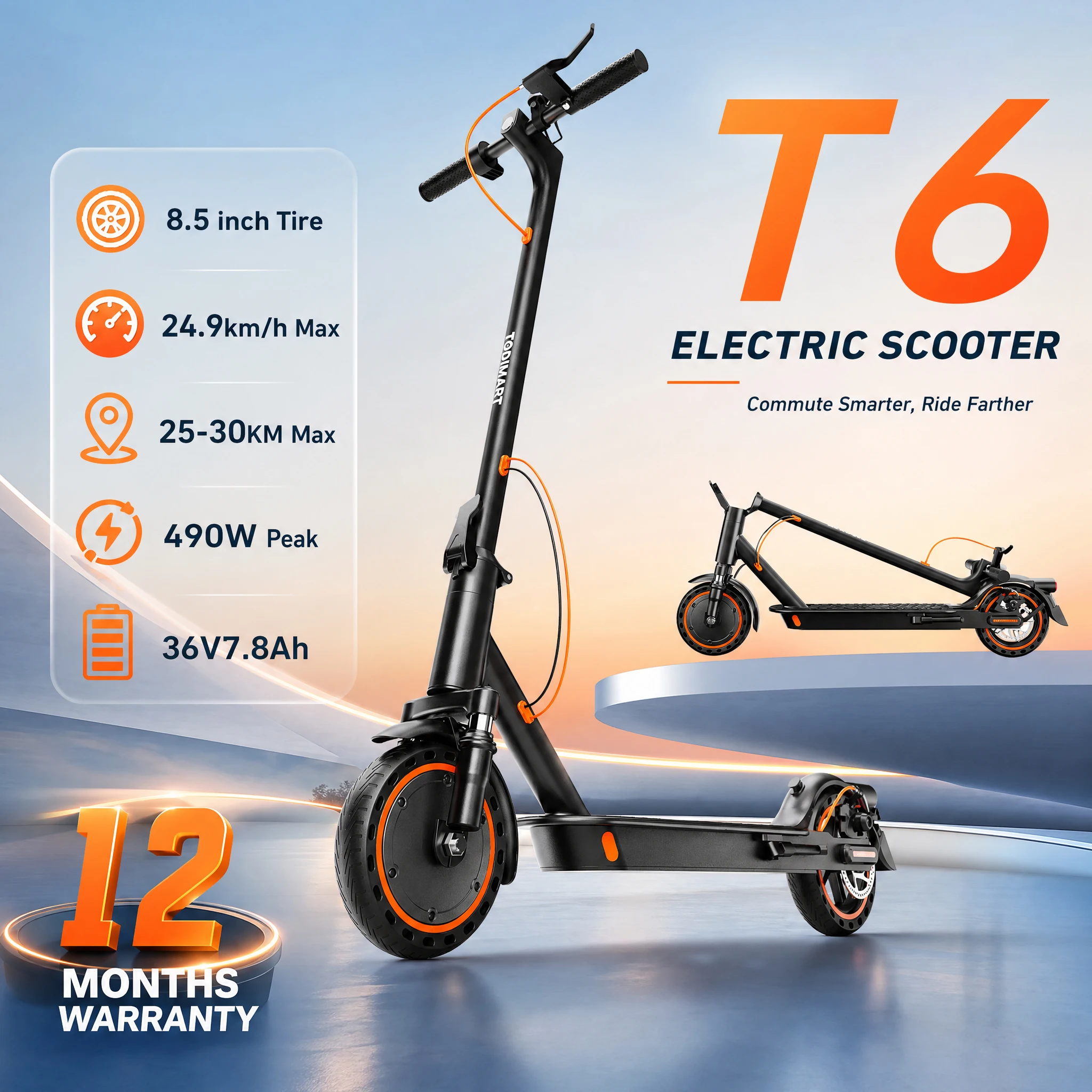 TODIMART T6 Monopattino Elettrico per Adulti con Sistema di Frenata Doppio, Sospensione Anteriore a Molla, Batteria 36V 7.8Ah, Autonomia 25KM, Ricarica Rapida 3-4H, Monopattino Elettrico Pieghevole