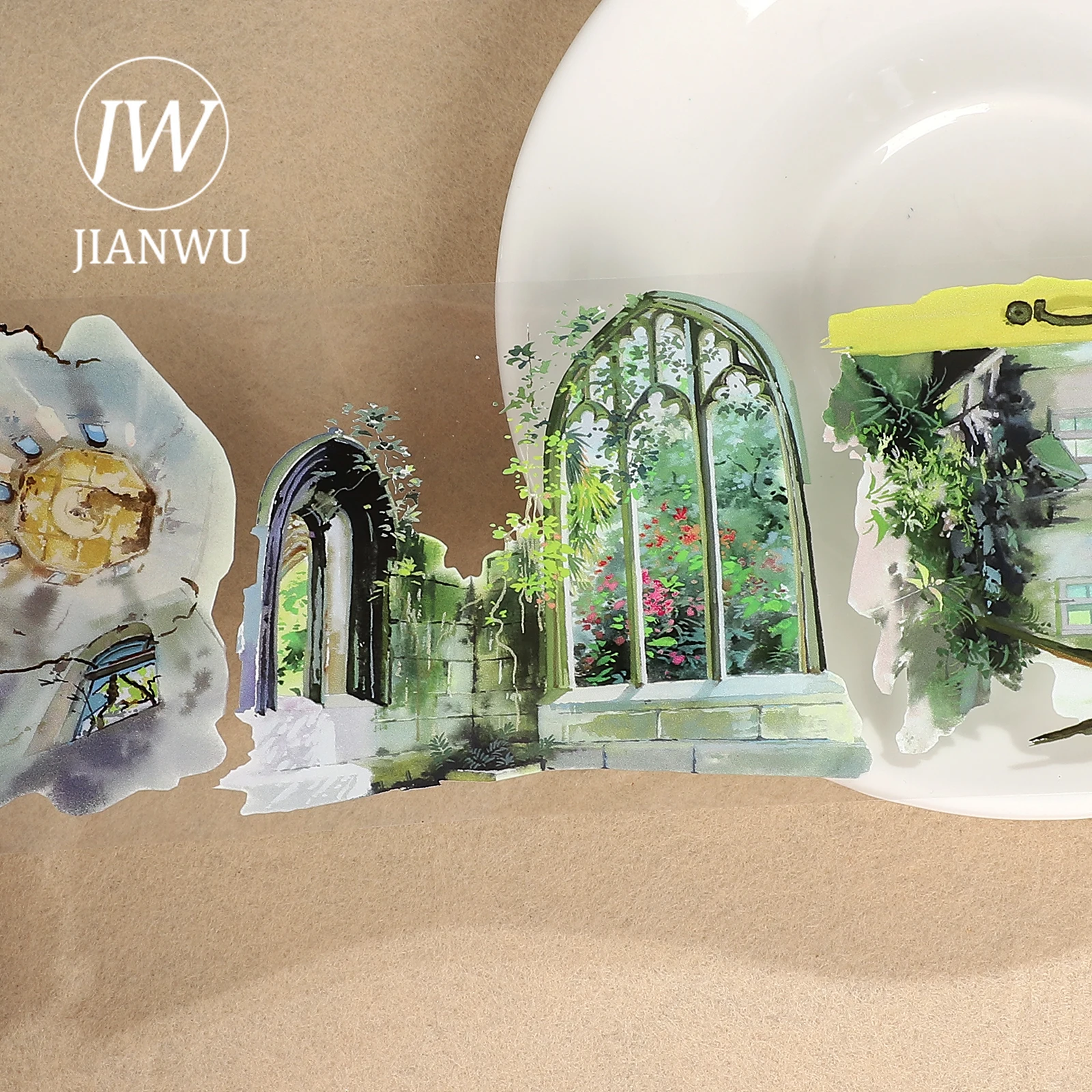 Taśma PET JIANWU 80mm*500cm Vintage Garden Window Plant Landscape Material Collage Scrapbook Kreatywna Taśma DIY do Dziennika i Artykułów Papierniczych
