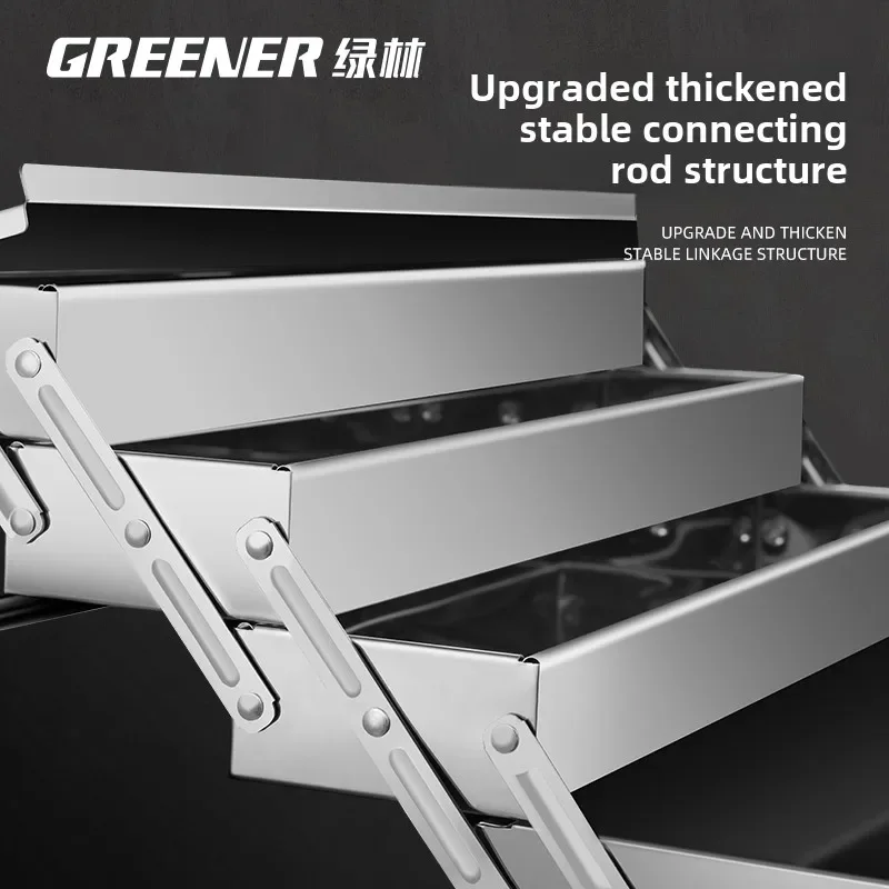 Heavy Duty Stainless Steel Toolbox with 3-Layer Folding and Carrying Handle - Industrial Grade for Home and Car