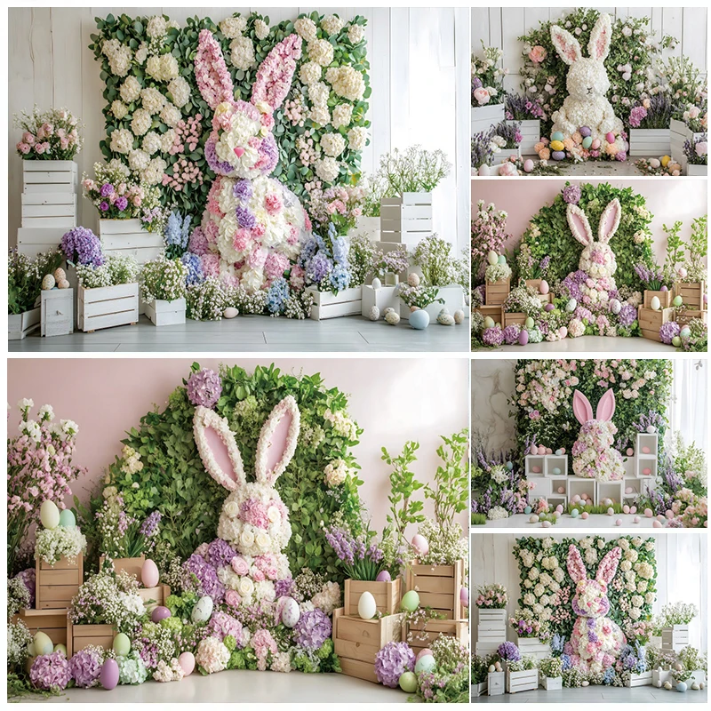 

Spring Easter Photography Background Flower Rabbit Eggs Bunny Green Grass Wooden Box Baby Shower Kids Portrait Photo Backdrop