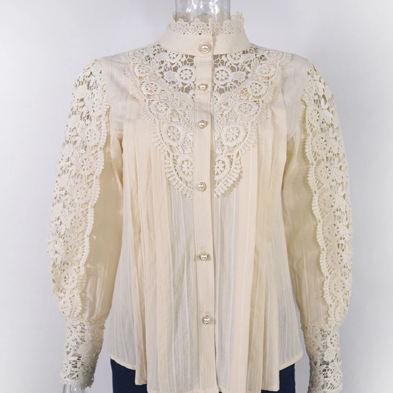 2024 Korean New Vintage White Lace Blouse Shirts Women Button Loose Shirt Tops Female Hollow Casual Ladies Blouses Blusas 12419