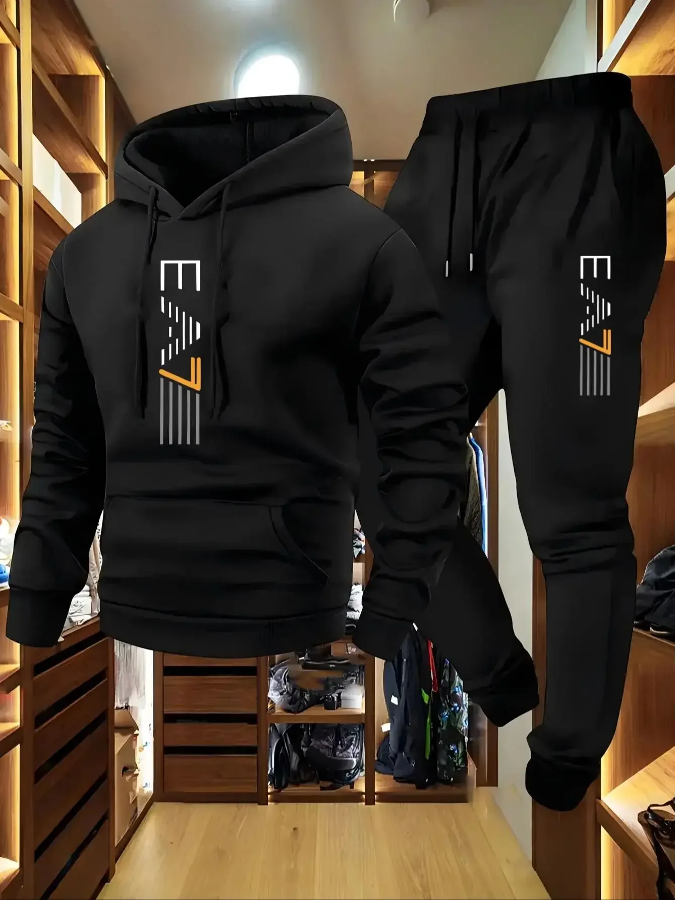 Minimalist Solid Hoodie Tracksuit Stylish Front Print Elastic Cuff Joggers Comfort Knit All Occasion Daily Sportswear view 3