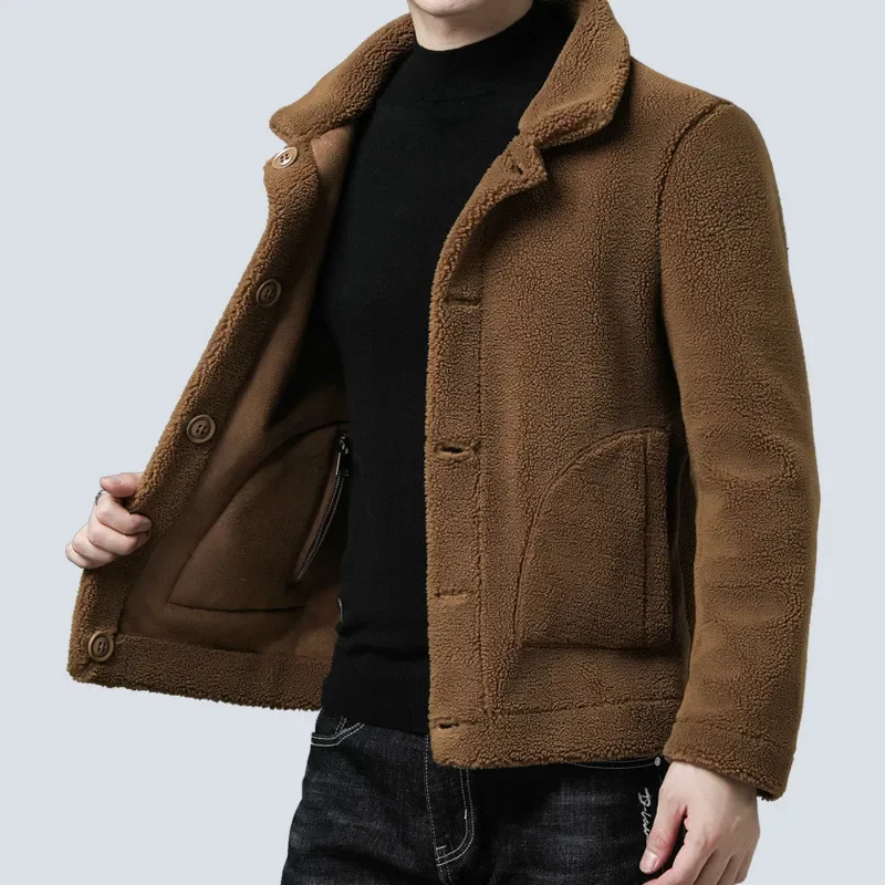 

2022 Winter New Faux Fur Woolen Coat Men Turn Down Collar Button Black Brown Casual Jacket Outwear Thickening Plus Size Overcoat