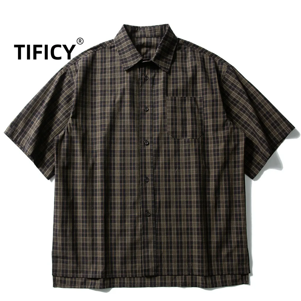 Japanese Style High Street Cotton Retro Plaid Workwear Short Sleeved Shirt Tops Men's Loose Five Quarter Sleeved Casual Shirt