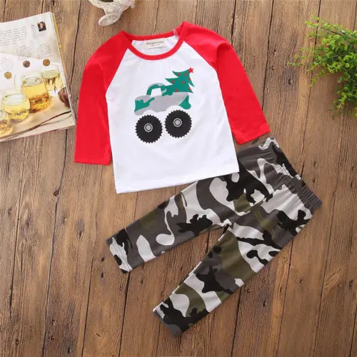 6-12Months Infant Baby Boy’s Two Pieces Outfits Casual Long Sleeve Car Printed T-shirt and Camouflage Print Long Pants