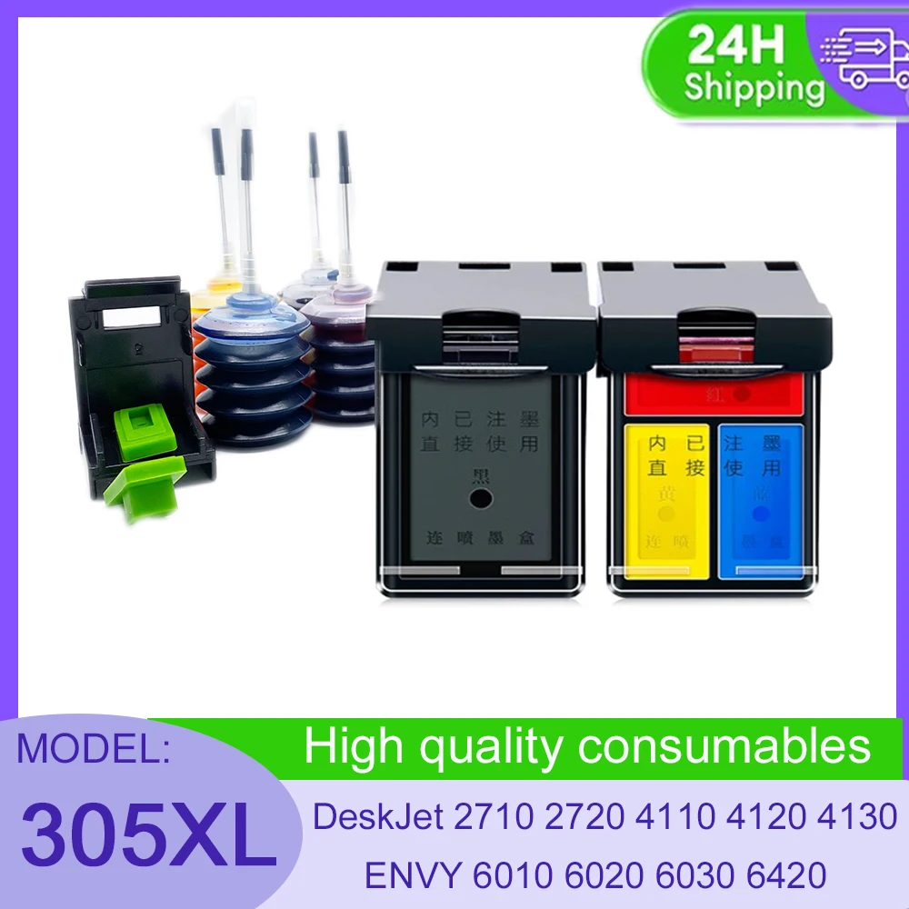 

Refillable Ink Cartridge 305 XL 305XL Compatible with HP DeskJet 2710 2720 4110 4120 4130 ENVY 6010 6020 6030 6420 - Replacement