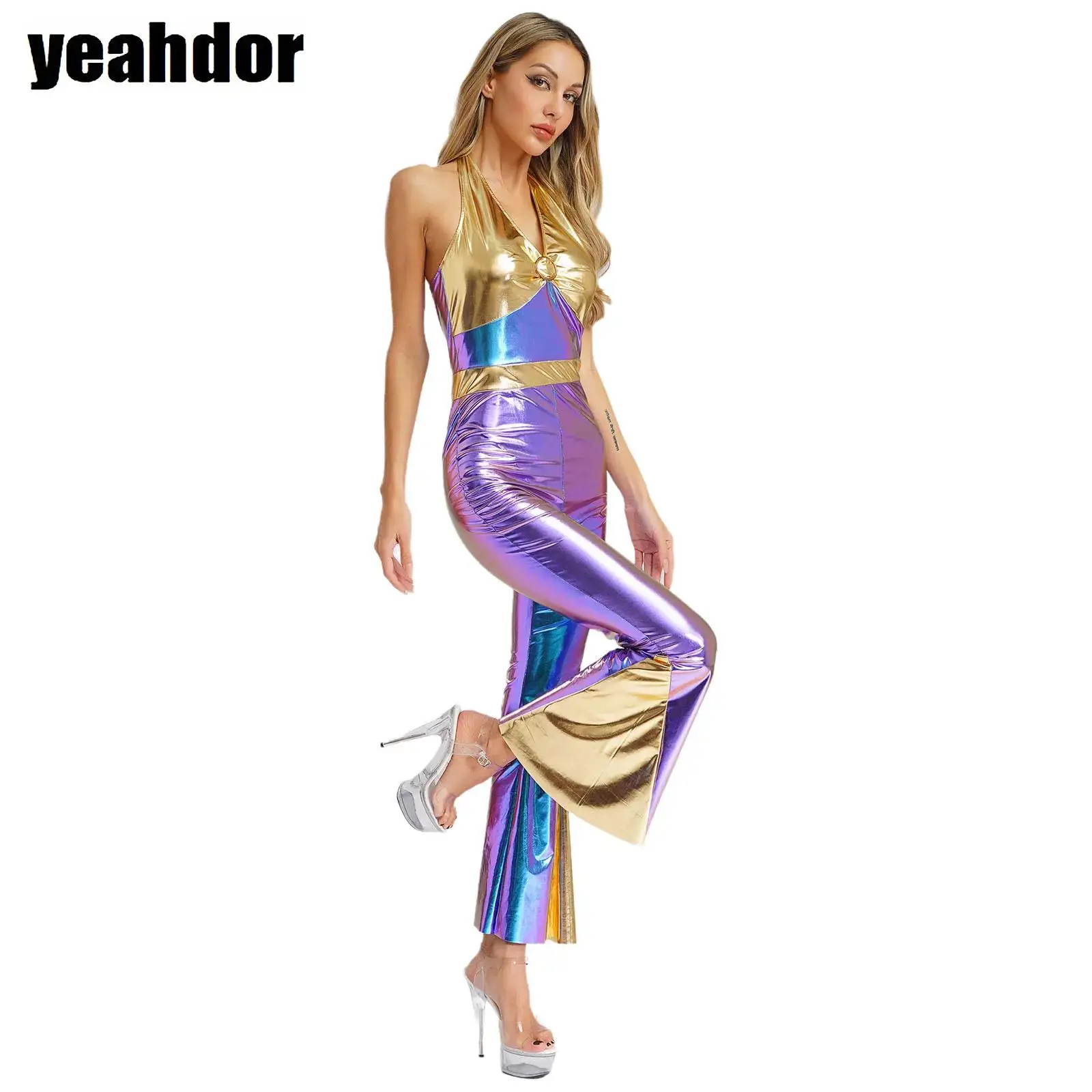

Women 70s 80s Disco Dance Suit Metallic Shiny Flare Sleeve Jumpsuit Halter Sleeveless Hippie Bell Bottom Jazz Dance Bodysuits