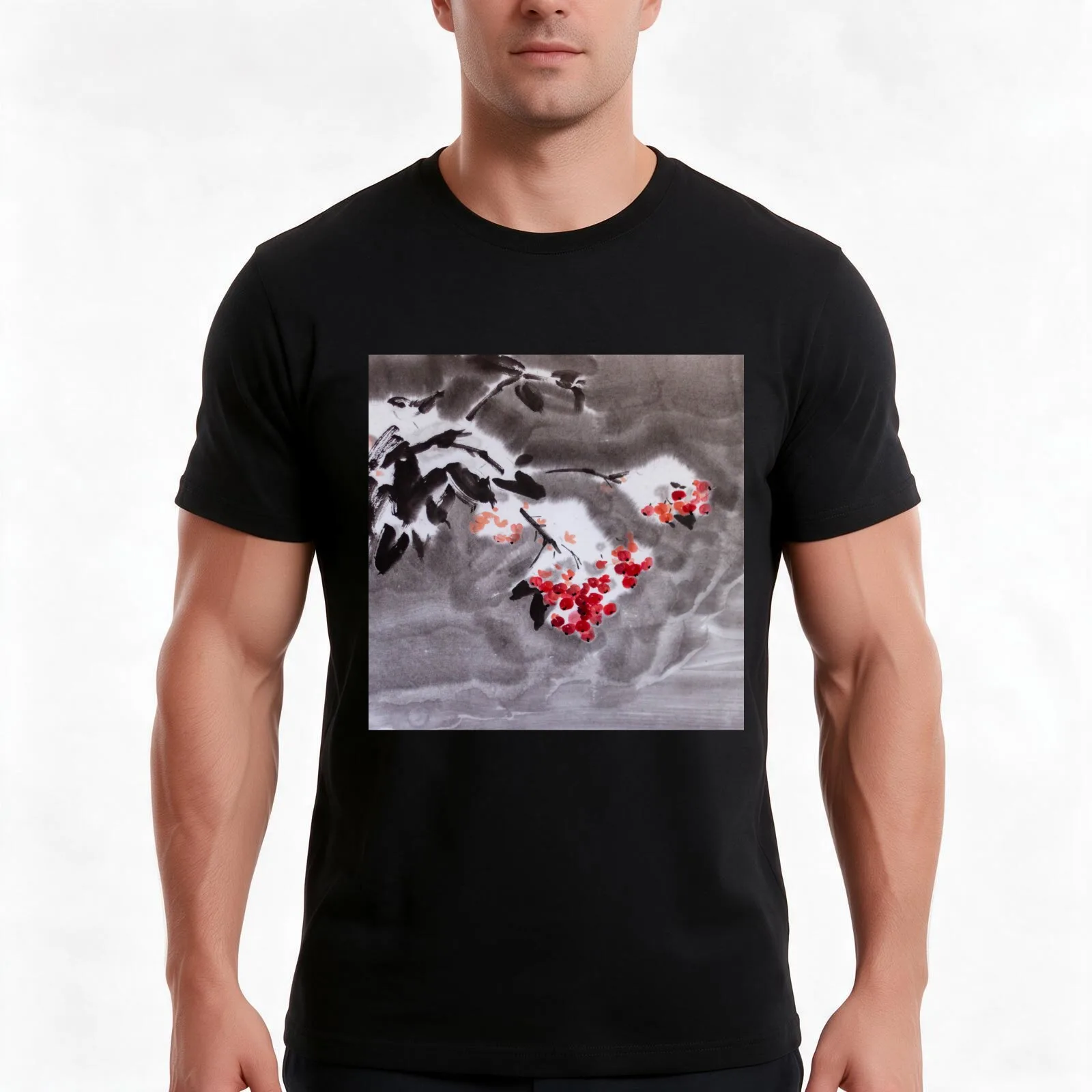Rowan tree in snow sumie ink watercolor painting T-Shirt, Summer Casual Cotton Tee, Oversized Streetwear Tops, Unisex Men Women