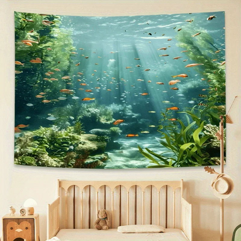 نسيج الشعاب المرجانية البحرية الاستوائية كبيرة الحجم - الأسماك النابضة بالحياة والنباتات المائية معلقة على الحائط لتزيين غرفة النوم وغرفة المعيشة