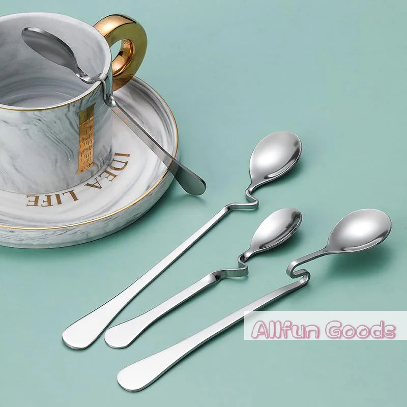Stainless Steel S-Shaped Hanging Cup Spoon Restaurant Curved Handle Twisting Spoon Coffee Milk Dessert Tea Curved Mixing Spoons