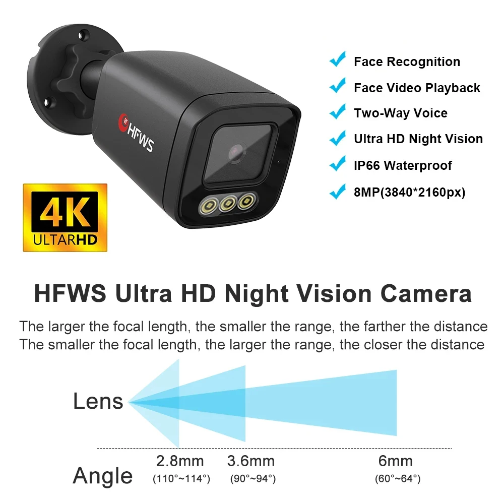 HFWVISION 4K Ultra Clear Full Color Night Vision 8MP IP Poe Cameras Vedio Surveillance Camera Security Protection Outdoor Cctv