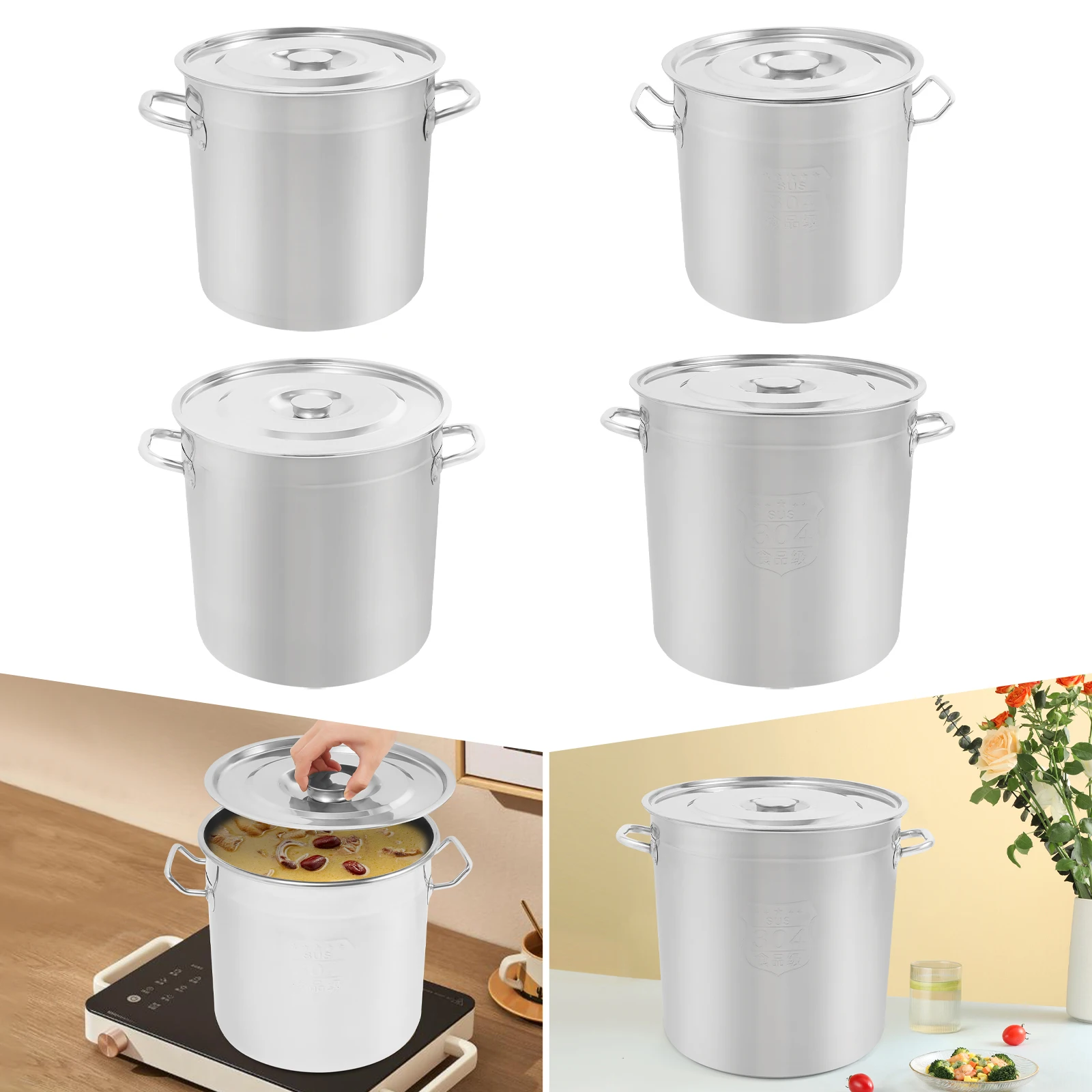 

304 Stainless Steel Soup Pot,Silver 12L/21L/33L/48L Large Cooking Pot with Lid Freestanding for Stewing,Cooking Porridge