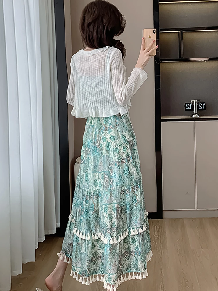 Women Green Print Tassel Chic Sling Long Dress+White Knitted Cardigan Two Piece Sets 2024 Summer New Korean Elegant Dress Suits