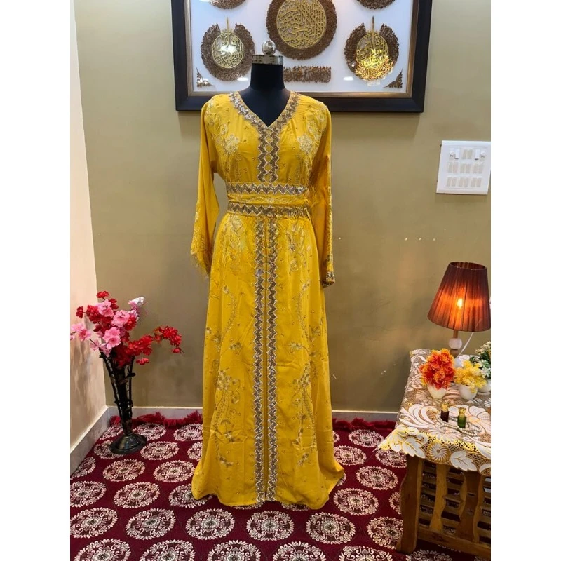 

Yellow Kaftan Gold Beaded African Attire Bridesmaid Wedding Dress