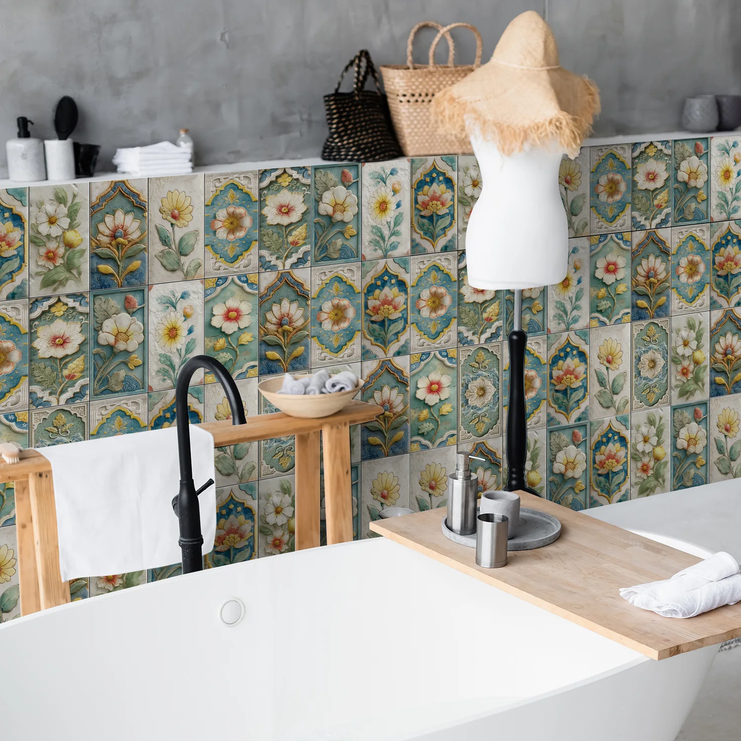 

Self-Adhesive Wall Panels Tile - Waterproof Embossed Flower PET Film for Shower/Kitchen Renovation (Thick Decor)