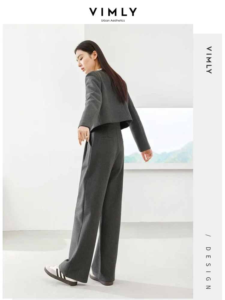 Vimly Simpe Sets for Women 2 Pieces V-neck Thick Cropped Jacket Wide Leg Pant Autumn Office Ladies Elegant Matching Sets M5726