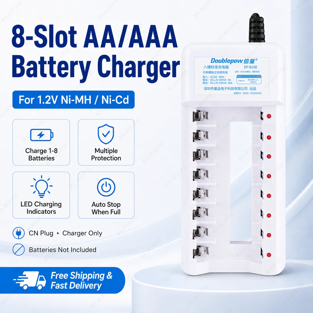 

8 Slot AA AAA Battery Charger for 1.2V Ni-MH Ni-Cd Rechargeable Batteries, CN Plug, Charger Only