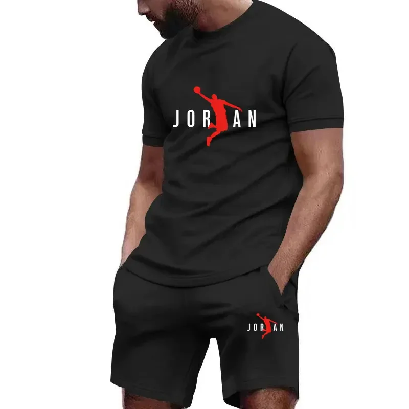 

2025Летний спортивный костюм, мужской модный двухсекционный спортивный костюм для фитнеса, бега, повседневный быстросохнущий комплект шорт с короткими рукавами для мужчин