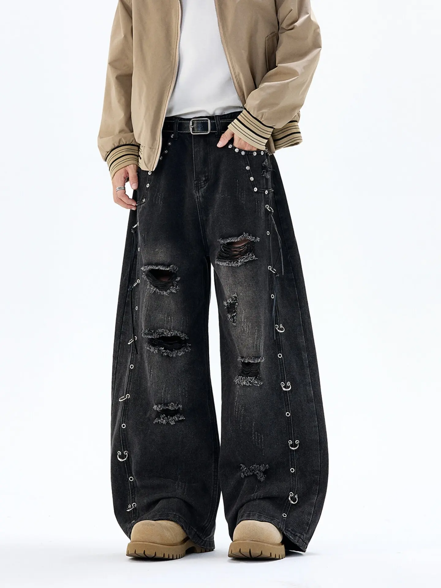 Y2K Men Rivet Cargo Jeans American Heavy‑Duty Metal Ring Buckle Wide Leg Ripped Denim Pants Autumn Subculture Loose Trousers