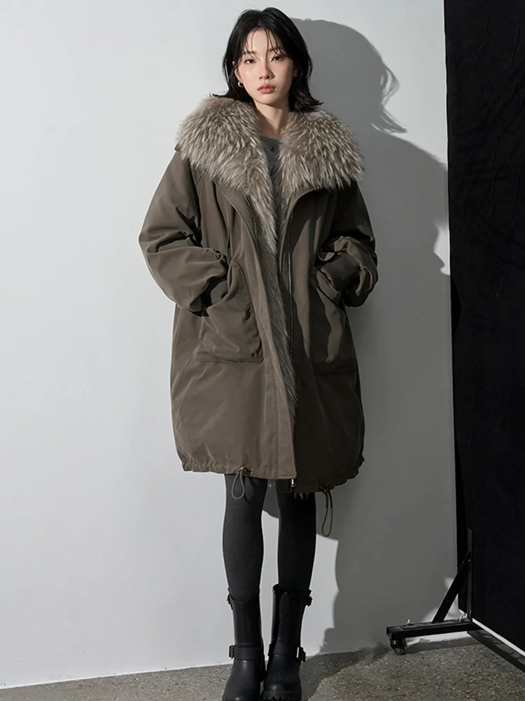 سترة نسائية شتوية غير رسمية طويلة من ريش الإوز معاطف بياقة من فراء الراكون الطبيعي سترات منتفخة معاطف خارجية #3