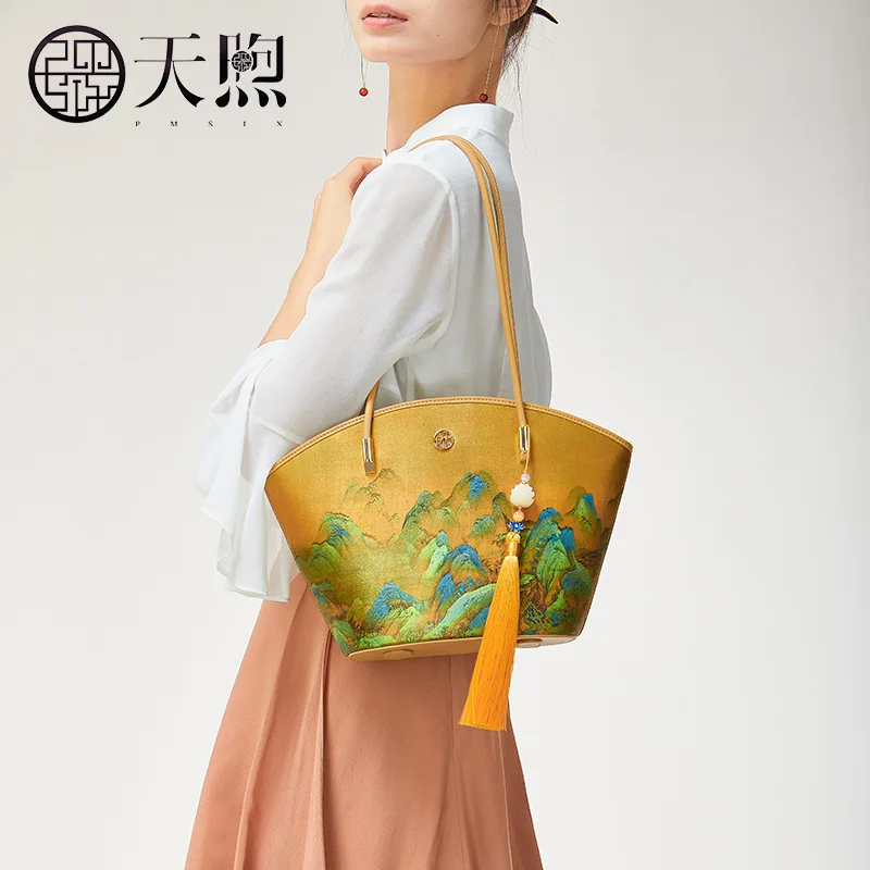 

Chinese Style Hanfu Tote Bags for Women Shoulder Bag High-end Genuine Leather and Mulberry Silk Women's Cheongsam Handbag