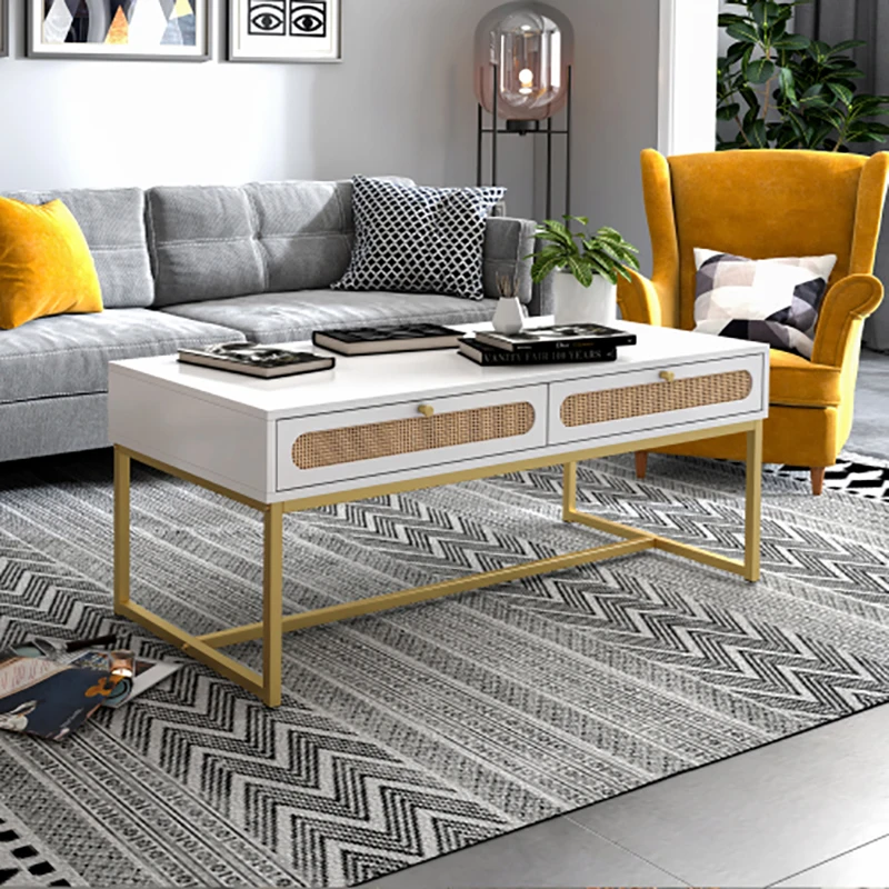 GERICCO Rattan Drawer Coffee Table Modern Rectangular Unique Side Table Living Room Decor Luxury Center End Table Home Furniture