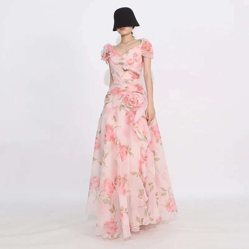 Francuska Sukienka Wakacyjna Elegancka Codzienna Letnia Plażowa Dekolt V Bufiaste Rękawy Kwiatowy Wzór 3D Modny Nadruk Wysoki Stan Linia A Długa Sukienka Damska