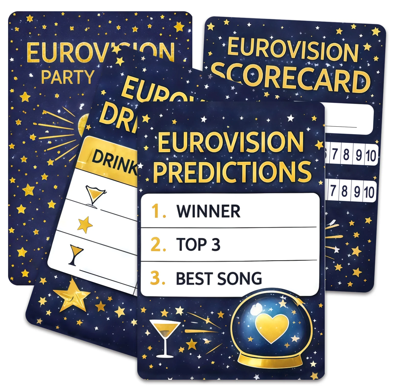 Jeu de cartes de fête Eurovision Song Contest, 4 jeux de cartes de score/cartes de prévision/cartes Vérité ou Défi, ciel étoilé doré