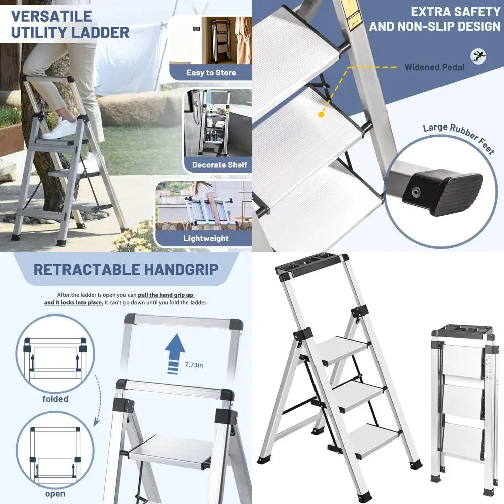 

3-Step Retractable Handgrip Folding Step Ladder with Anti-Slip Wide Steps, 330lbs Capacity, Household Safety Ladder