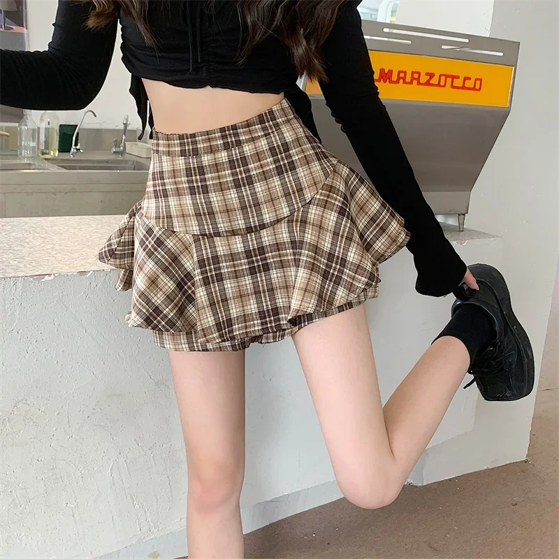 Mini Skirt Y2K High Waist Tartan Ruffled Plaid Skirt Skort Women Aesthetic Outfit
