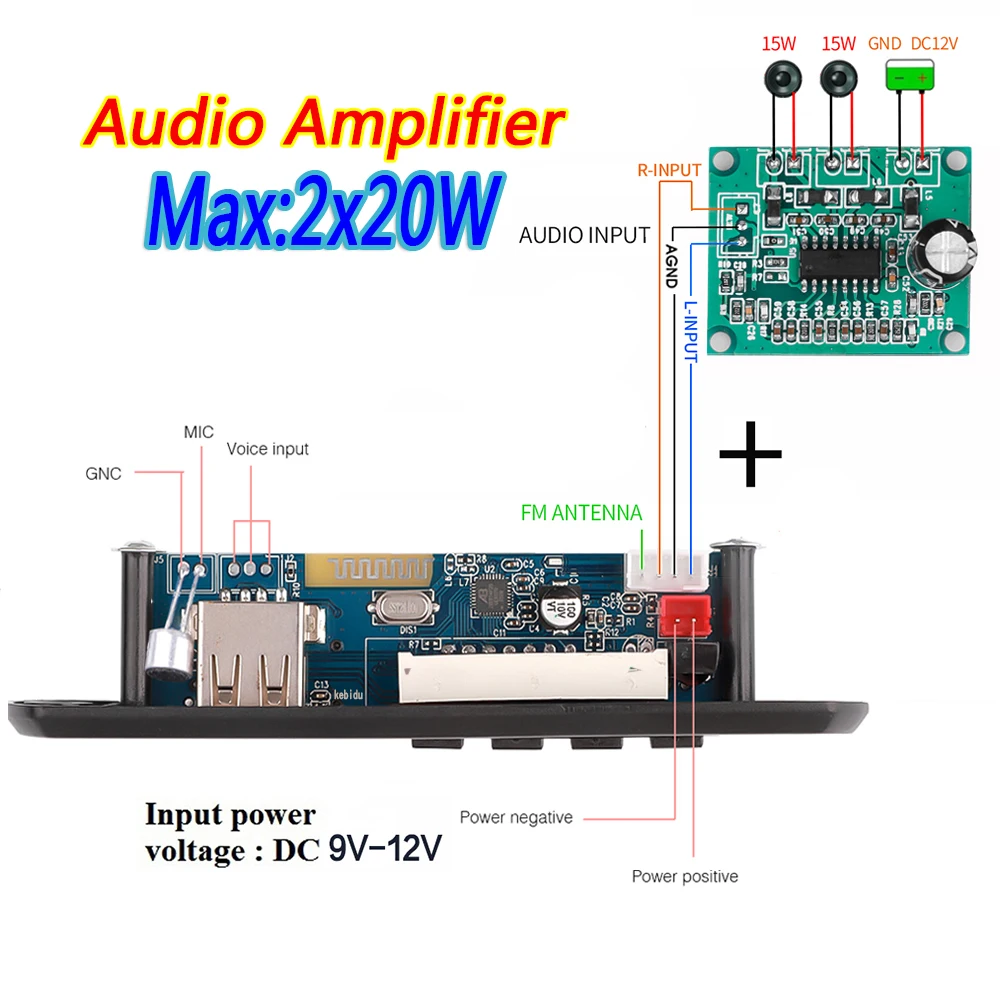 Placa decodificadora MP3 con micrófono, amplificador Digital HiFi estéreo, módulo amplificador de 20W, AUX, USB, FM, manos libres para altavoz, 9V,