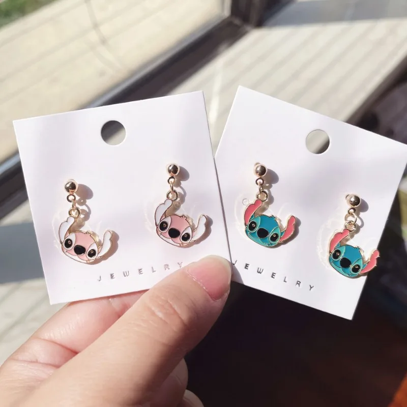 Pendientes de Lilo y Stitch de dibujos animados de Disney para niña, accesorios para estudiantes, joyería de fiesta de plata de una pieza