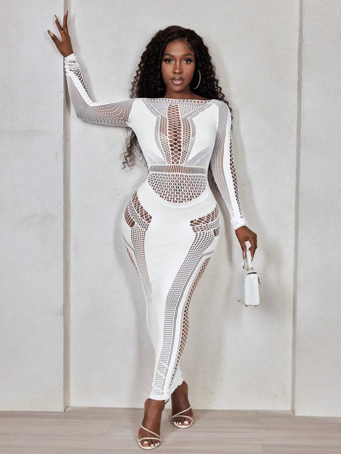 Sukienka damska z długim rękawem, obcisła, z siateczki z wycięciami, jesienna odzież damska.