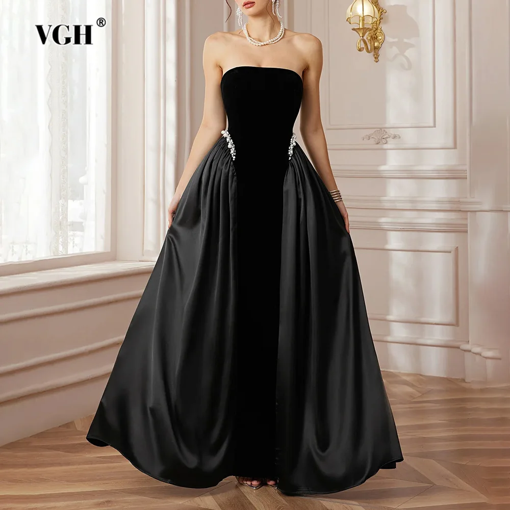 

VGH Black Luxury Ball Gown with Back Lace Up for Women Strapless Crystal Pearl Waist Decoration Velvet Satin Design Maxi Dress