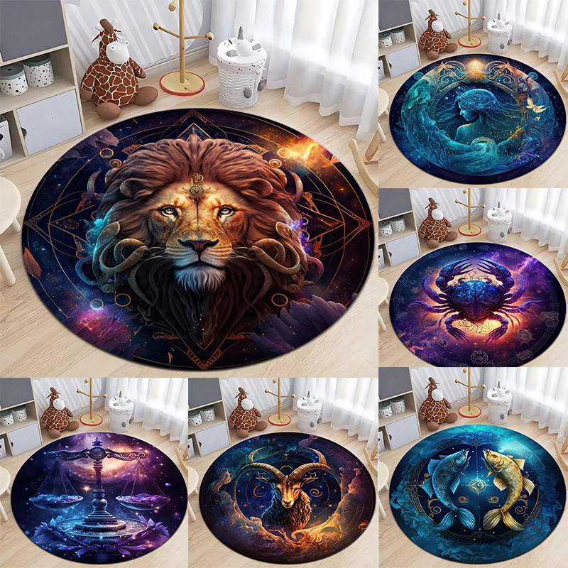 Mysterious Zodiac Sign Print Round Rugs Non-Slip Floor Mat for Home Living Room Bedroom Machine Washable Round Carpet