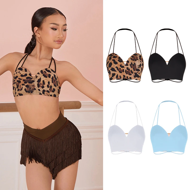 

Короткие топы, детская тренировочная одежда для танцев ча-ча-румбы, летние топы для латинских танцев, тренировочная одежда для девочек, с воротником-халтер и открытой спиной