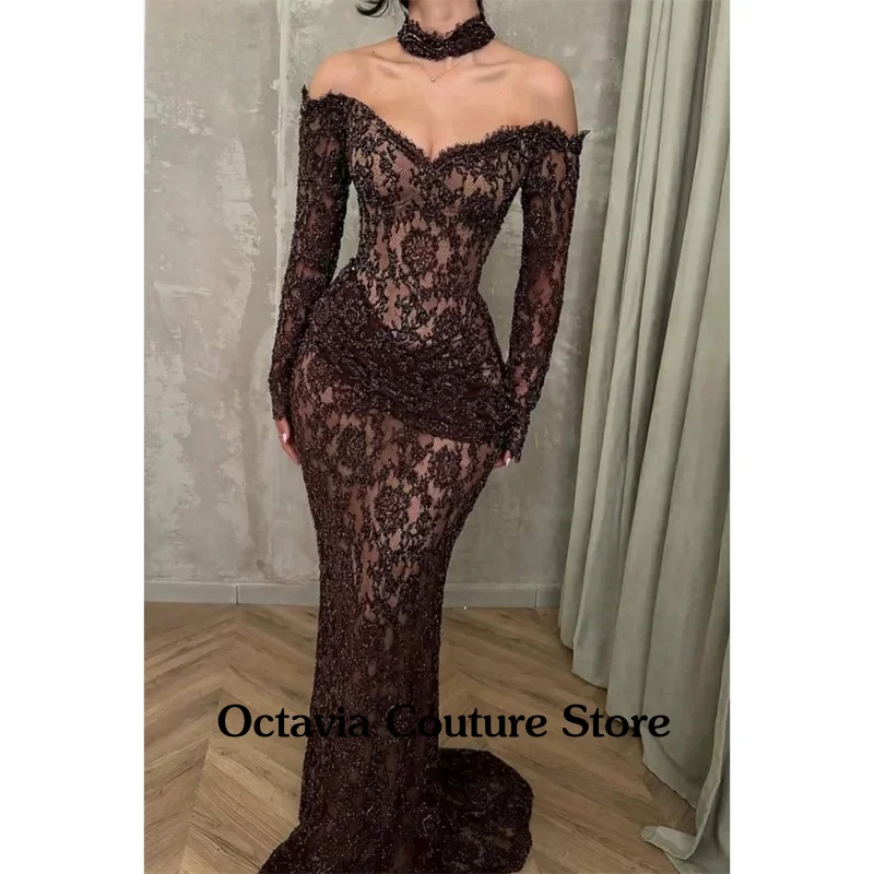 

Black Mermaid Wedding Party Dress Customized Off the Shoulder Long Sleeve Evening Dresses Court Train vestidos de fiesta