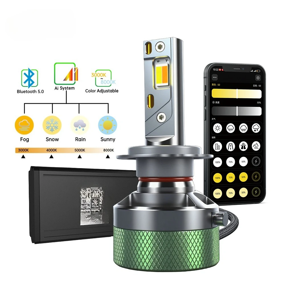 H7 LED headlights three-color mobile APP remote control intelligent high-power modified lights  H4 H8/9/11 9005 3000K