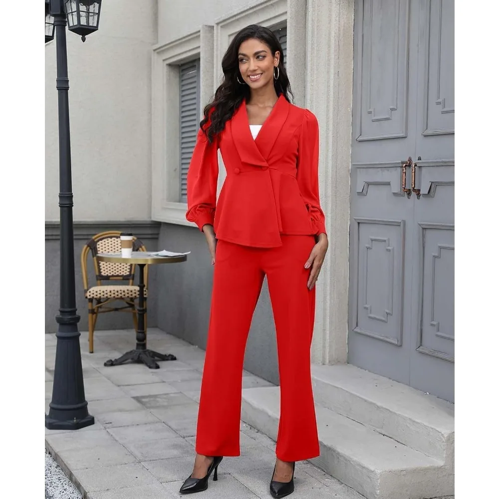 بدلات بناطيل للنساء، سترة مكشكشة بأكمام شفافة شبكية أنيقة، سراويل واسعة الساق، أطقم ملابس عمل غير رسمية