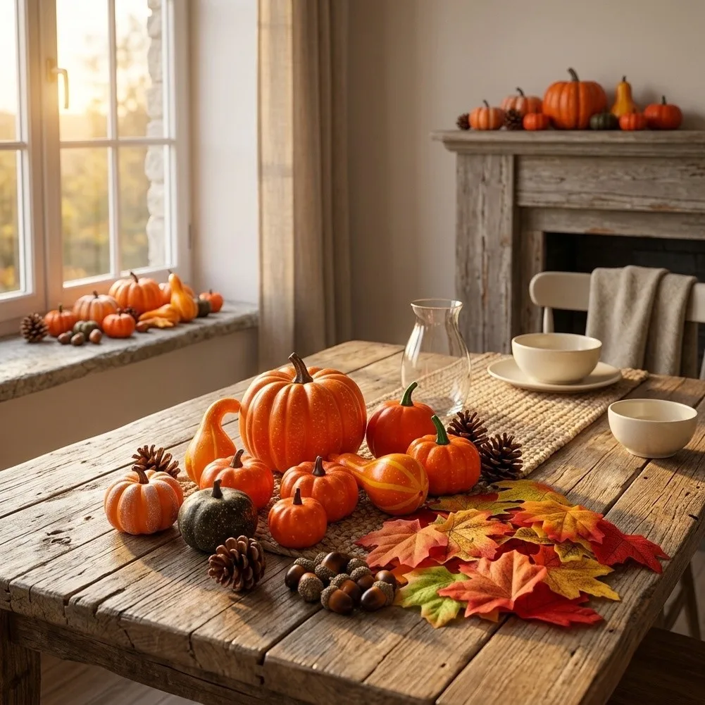 50 Piece Foam Pumpkin Set With Maple Leaves Pinecones Chestnuts For Halloween Thanksgiving Christmas Autumn Home Garden Decor