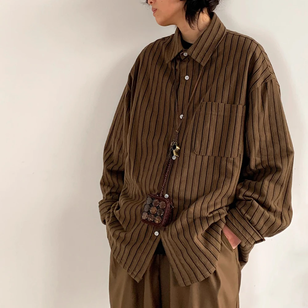 Daily Casual Wear Holiday Striped Long Sleeve Shirt Pocket Button Shirt Brown Color Casual Style Regular Length