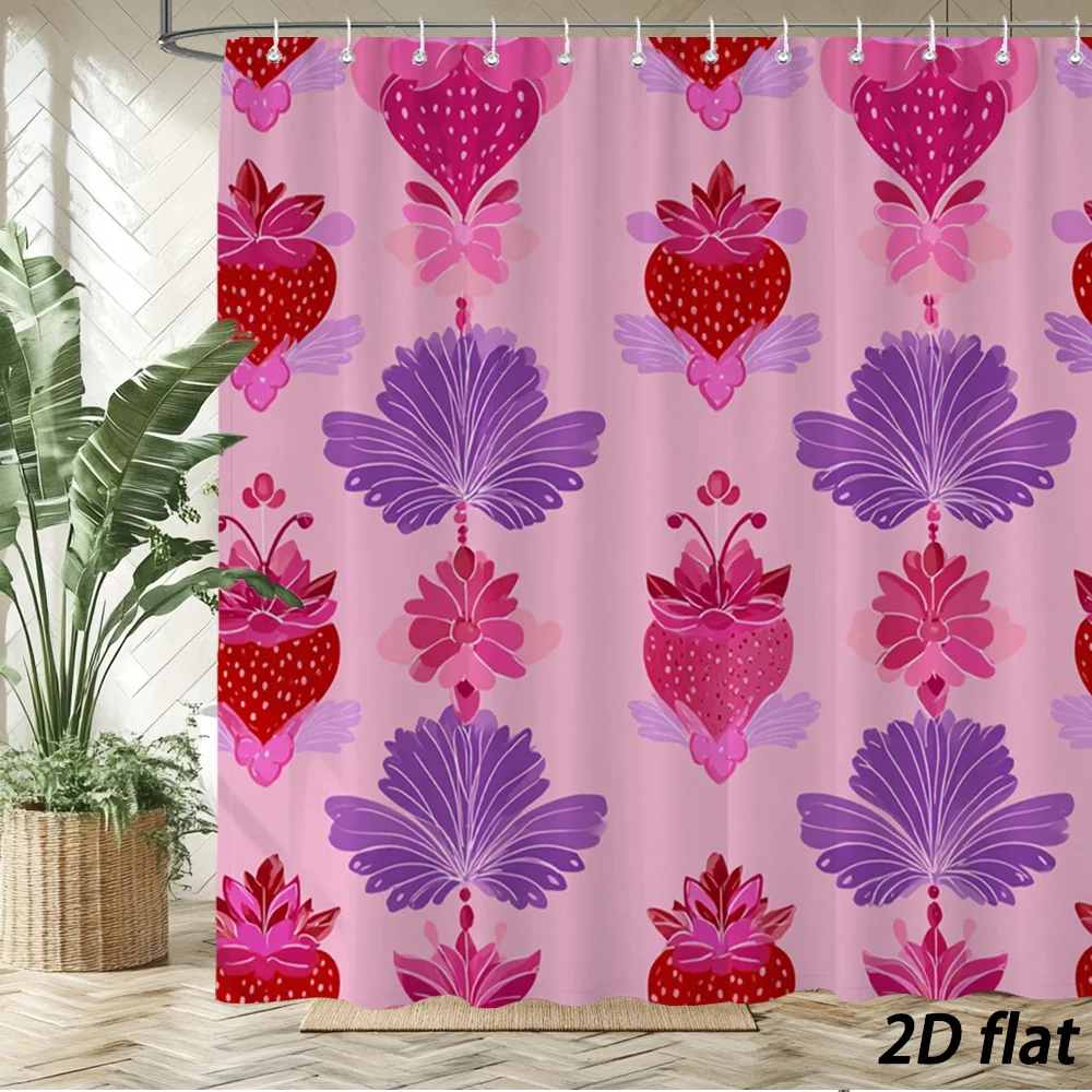 Folk‑Style Ornate Red Strawberry And Purple Pink Blossom Vertical Repeat Pattern On Soft Light Pink Backdrop Bath curtain