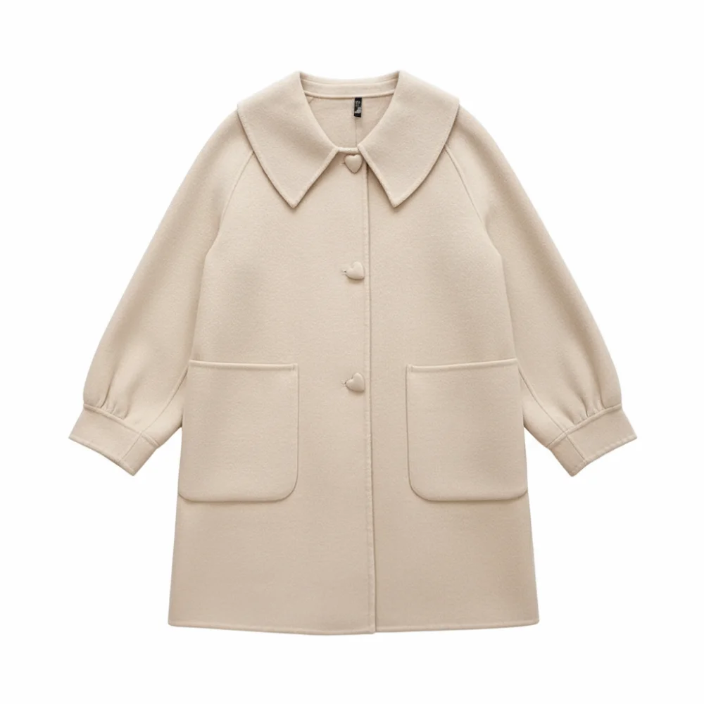 

Mid Length Woolen Coat Women Heart-shaped Buckle Chic Long Sleeve Cardigan Autumn Winter Lady Tops Windproof Coats Women