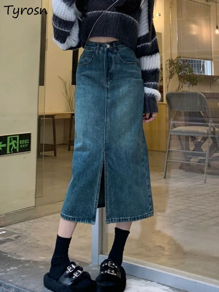 

Denim Skirts Women Slit Retro Classic Design All-match Empire Korean Style Faldas Midi Simple Ladies Basic Tender Autumn Leisure