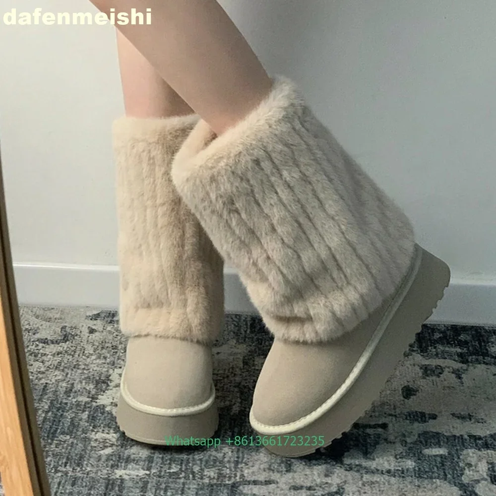 

2025 Autumn Winter Snow Boots Women Round Toe Platform Plus Velvet Thick Warm Cotton Shoes Turned-Over Edge Plush Mid-Calf Boots