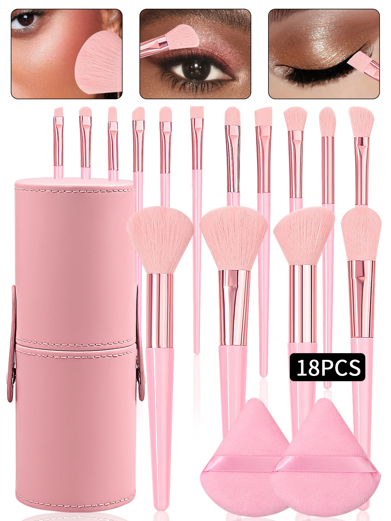 18本の桜パウダーメイクブラシセットには、メイクブラシ収納バケツとパウダーパフ2個が付属しています。