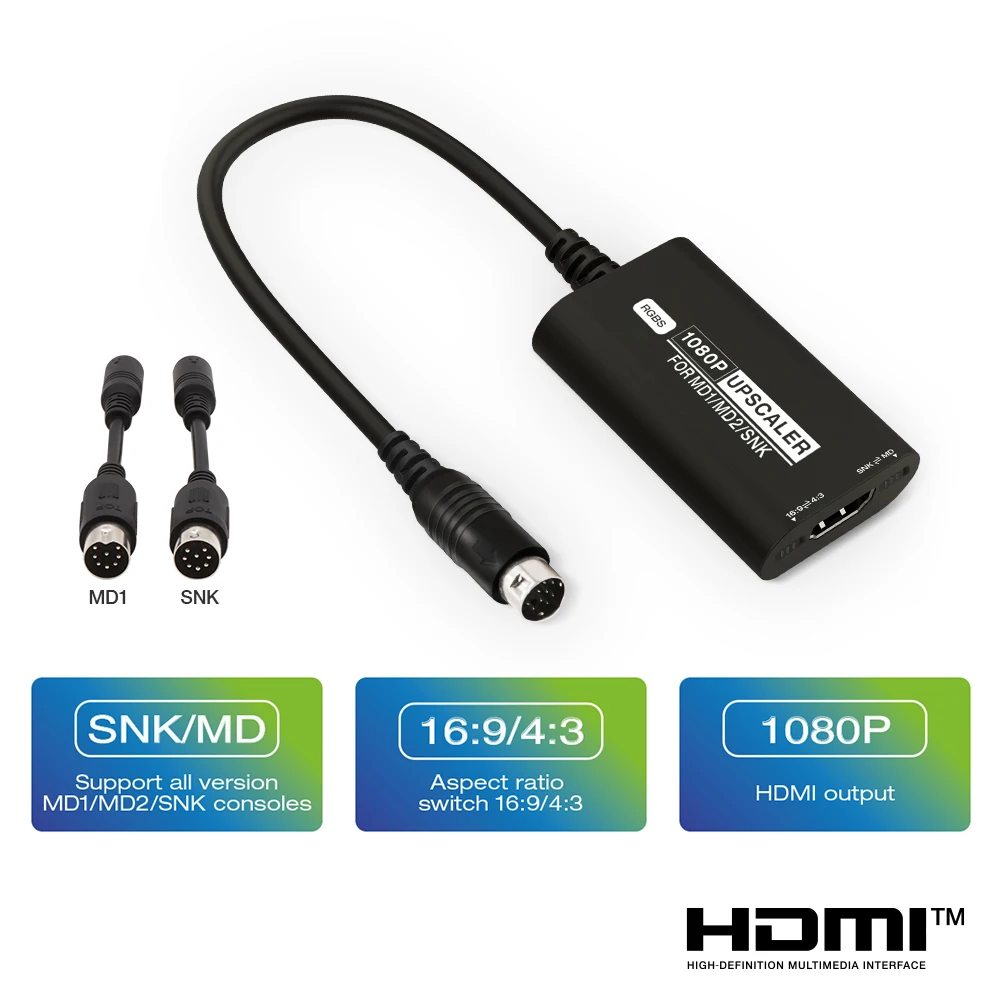 RGBS Upscaler For SEGA MD1 MD2 SNK Retro Game Console 1080P HDMI Converter Adapter With 16:9/4:3 Aspect Ratio Switch